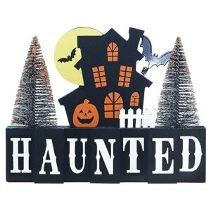 meetyamor halloween decorations indoor, large size decorative wood block scary haunted house sign with haunted lettered for halloween decor, 2-layered wood sign with 2 trees for home, table, mantel