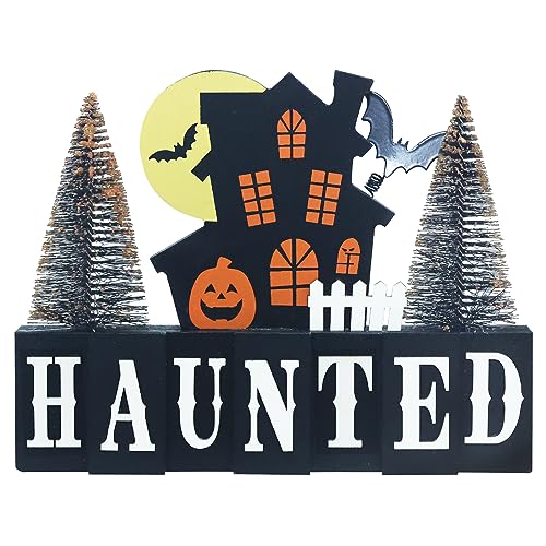 MEETYAMOR Halloween Decorations Indoor, Large Size Decorative Wood Block Scary Haunted House Sign with HAUNTED Lettered for Halloween Decor, 2-Layered Wood Sign with 2 Trees for Home, Table, Mantel