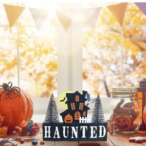 MEETYAMOR Halloween Decorations Indoor, Large Size Decorative Wood Block Scary Haunted House Sign with HAUNTED Lettered for Halloween Decor, 2-Layered Wood Sign with 2 Trees for Home, Table, Mantel