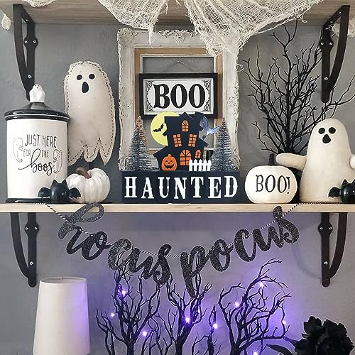 MEETYAMOR Halloween Decorations Indoor, Large Size Decorative Wood Block Scary Haunted House Sign with HAUNTED Lettered for Halloween Decor, 2-Layered Wood Sign with 2 Trees for Home, Table, Mantel