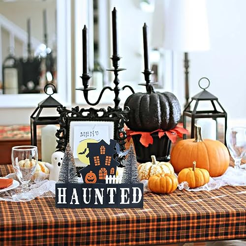 MEETYAMOR Halloween Decorations Indoor, Large Size Decorative Wood Block Scary Haunted House Sign with HAUNTED Lettered for Halloween Decor, 2-Layered Wood Sign with 2 Trees for Home, Table, Mantel