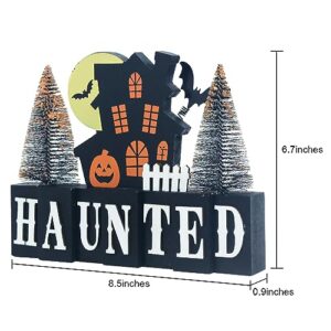 MEETYAMOR Halloween Decorations Indoor, Large Size Decorative Wood Block Scary Haunted House Sign with HAUNTED Lettered for Halloween Decor, 2-Layered Wood Sign with 2 Trees for Home, Table, Mantel