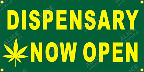 22" X 44" DISPENSARY NOW OPEN Vinyl Banner Sign (Design #6), Existing Text Change Available (Optional)