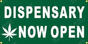 22" x 44" dispensary now open vinyl banner sign (design #3), existing text change available (optional)