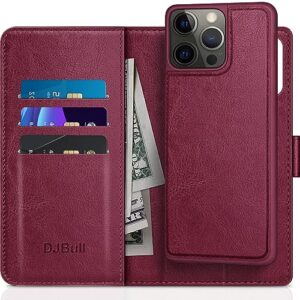 djbull 2-in-1 detachable for iphone 13 pro max wallet case with credit card holder【rfid blocking】,flip folio book pu leather protective cover women men for apple 13promax phone case wine red