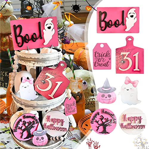 Halloween Decor-7Pcs Halloween Tray Decor-Cute Boo Ghosts with a Bow Pumpkin Happy Halloween Signs-Pink Farmhouse Rustic Tiered Tray Decor Items for Home Table House Room