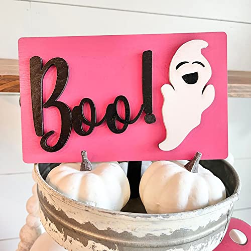 Halloween Decor-7Pcs Halloween Tray Decor-Cute Boo Ghosts with a Bow Pumpkin Happy Halloween Signs-Pink Farmhouse Rustic Tiered Tray Decor Items for Home Table House Room