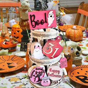 Halloween Decor-7Pcs Halloween Tray Decor-Cute Boo Ghosts with a Bow Pumpkin Happy Halloween Signs-Pink Farmhouse Rustic Tiered Tray Decor Items for Home Table House Room