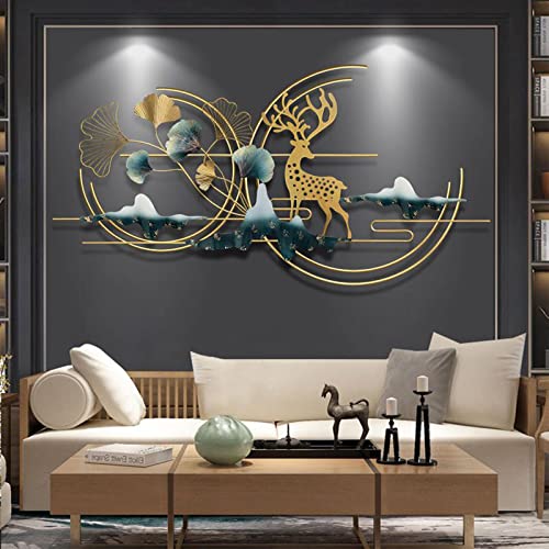 POCHY Metal Wall Art Ginkgo Leaf Wall Decoration Golden Deer Wall Art Wall-Mounted Sculpture for Sofa Background Study office 3D Hanging Size:130x65cm