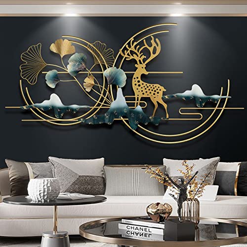 POCHY Metal Wall Art Ginkgo Leaf Wall Decoration Golden Deer Wall Art Wall-Mounted Sculpture for Sofa Background Study office 3D Hanging Size:130x65cm