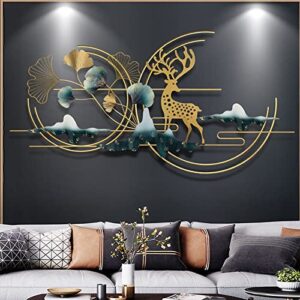 POCHY Metal Wall Art Ginkgo Leaf Wall Decoration Golden Deer Wall Art Wall-Mounted Sculpture for Sofa Background Study office 3D Hanging Size:130x65cm