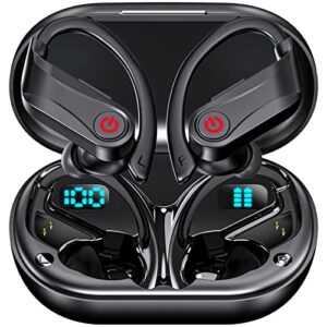 wireless earbuds bluetooth 5.3 sport true wireless earbuds with microphone, over-ear stereo bass ear buds with earhooks,ear phone wireless earbuds,led battery display for sports/workout/gym black