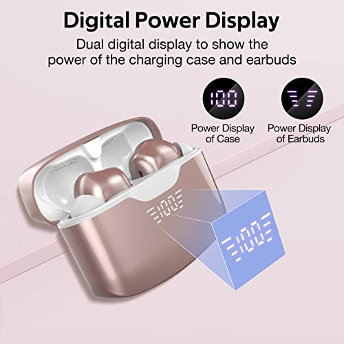 TSKIS True Wireless Earbuds Bluetooth Headphones with Noise Cancelling Mic 48Hrs Playtime LED Display IPX7 Waterproof Ear Buds for Android/iOS (Rose Gold)