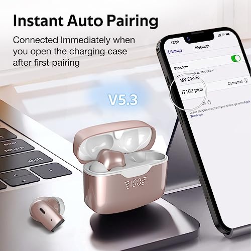 TSKIS True Wireless Earbuds Bluetooth Headphones with Noise Cancelling Mic 48Hrs Playtime LED Display IPX7 Waterproof Ear Buds for Android/iOS (Rose Gold)
