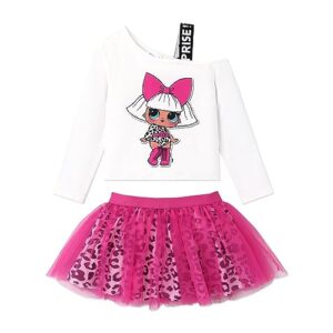 l.o.l. surprise! toddler girl 2pcs character print long-sleeve one-shoulder top and leopard pattern pink mesh skirt set rose-3 5-6 years
