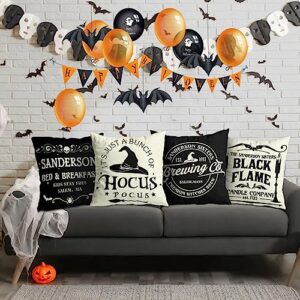 Halloween Decorations Pillow Covers 18x18 Set of 4 Halloween Decor Hocus Pocus Farmhouse Saying White Black Outdoor/Indoor Fall Pillow Covers Decorative Cushion Cases for Home Sofa Couch Bed Chair