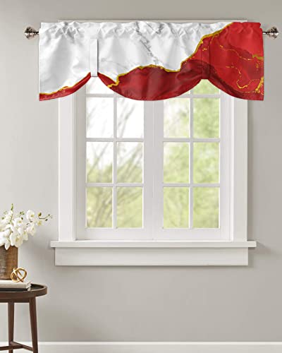 FAMILYDECOR Kitchen Valances for Windows, Elegant Adjustable Window Treatments with Tie-up, White Gold and Red Plated Marble Window Valance Curtains for Living Room/Bedroom 60x18in