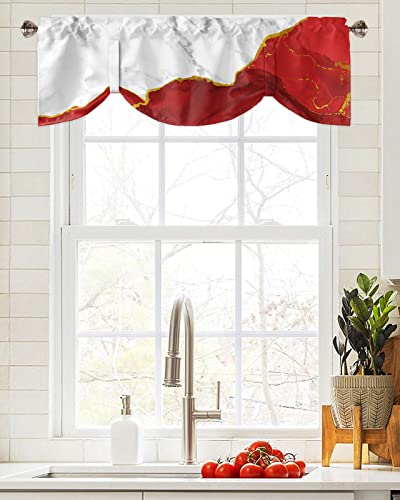 FAMILYDECOR Kitchen Valances for Windows, Elegant Adjustable Window Treatments with Tie-up, White Gold and Red Plated Marble Window Valance Curtains for Living Room/Bedroom 60x18in