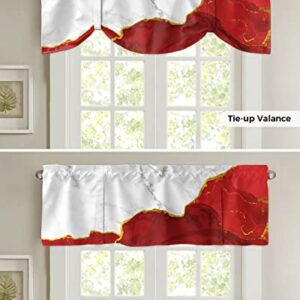 FAMILYDECOR Kitchen Valances for Windows, Elegant Adjustable Window Treatments with Tie-up, White Gold and Red Plated Marble Window Valance Curtains for Living Room/Bedroom 60x18in