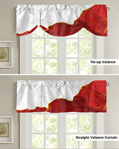 FAMILYDECOR Kitchen Valances for Windows, Elegant Adjustable Window Treatments with Tie-up, White Gold and Red Plated Marble Window Valance Curtains for Living Room/Bedroom 60x18in