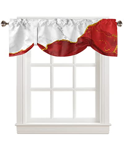 FAMILYDECOR Kitchen Valances for Windows, Elegant Adjustable Window Treatments with Tie-up, White Gold and Red Plated Marble Window Valance Curtains for Living Room/Bedroom 60x18in