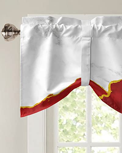 FAMILYDECOR Kitchen Valances for Windows, Elegant Adjustable Window Treatments with Tie-up, White Gold and Red Plated Marble Window Valance Curtains for Living Room/Bedroom 60x18in