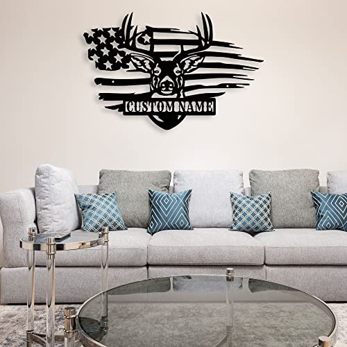 Deer Head American Flag Custom Name Metal Wall Art Decor, Personalized Deer Head Flag Decorations Custom Name Art, Decorative Accent Home Decor Indoor, OutdoorHousewarming Christmas Gifts