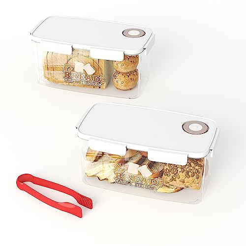 PAIKON 2 Pack Bread Box For Kitchen Countertop, Large Bread Storage, Bread Keeper For Homemade,Clear Airtight Bread Container with Lids, Tongs, Time Recording and,3.4 Qt / 3.2 L Each