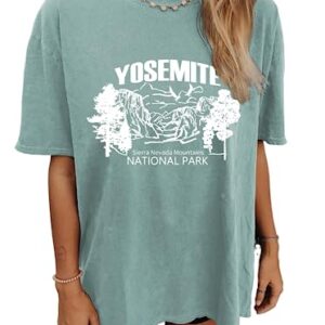 CSDAJIO Women's Graphic Oversized Tee Mountain Letter Print National Park Shirt Vintage Half Sleeve Loose Casual T Shirts Yosemi LightGreen Large