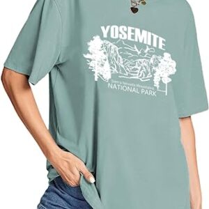 CSDAJIO Women's Graphic Oversized Tee Mountain Letter Print National Park Shirt Vintage Half Sleeve Loose Casual T Shirts Yosemi LightGreen Large