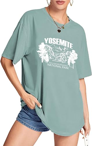 CSDAJIO Women's Graphic Oversized Tee Mountain Letter Print National Park Shirt Vintage Half Sleeve Loose Casual T Shirts Yosemi LightGreen Large