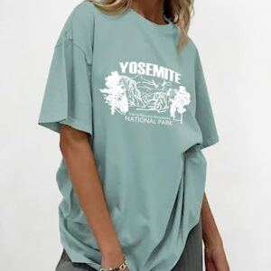 CSDAJIO Women's Graphic Oversized Tee Mountain Letter Print National Park Shirt Vintage Half Sleeve Loose Casual T Shirts Yosemi LightGreen Large