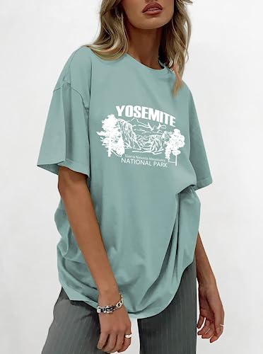 CSDAJIO Women's Graphic Oversized Tee Mountain Letter Print National Park Shirt Vintage Half Sleeve Loose Casual T Shirts Yosemi LightGreen Large