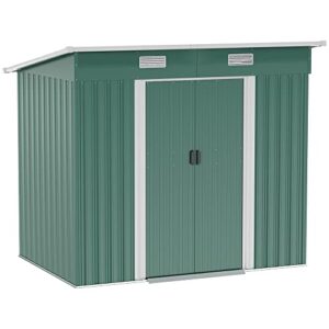 outsunny 7' x 4' metal outdoor storage shed, garden tool house & organizer with floor foundation, vents and 2 lockable easy sliding doors, for backyard, garden, patio, lawn, dark green