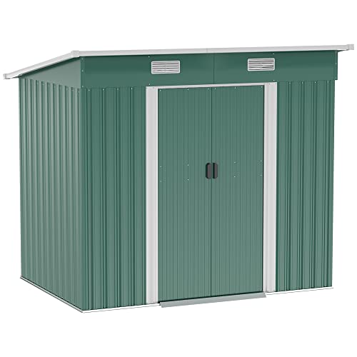 Outsunny 7' x 4' Metal Outdoor Storage Shed, Garden Tool House & Organizer with Floor Foundation, Vents and 2 Lockable Easy Sliding Doors, for Backyard, Garden, Patio, Lawn, Dark Green