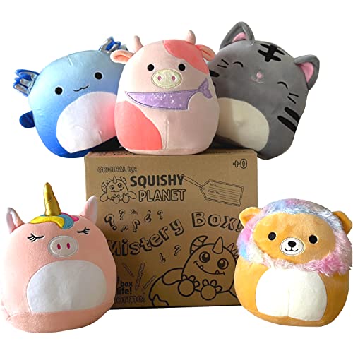 SQUISHY PLANET - 8" Plush Pillow - 5 Pack in Super Mystery Box (+ Pack Crayons) - Decorative Pillows for Bed, Sofá or Chair Cute Plushies Jumbo - Great Gift!