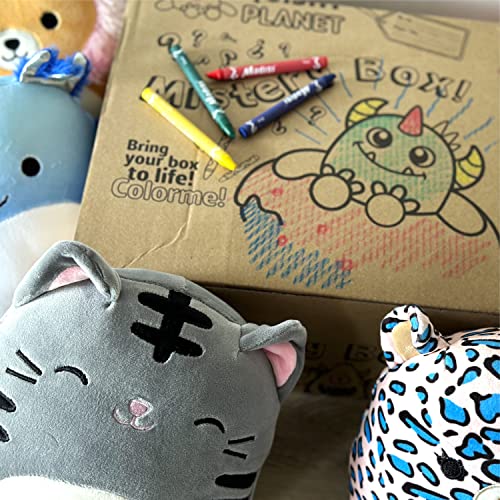 SQUISHY PLANET - 8" Plush Pillow - 5 Pack in Super Mystery Box (+ Pack Crayons) - Decorative Pillows for Bed, Sofá or Chair Cute Plushies Jumbo - Great Gift!