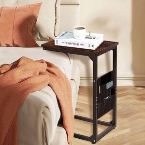 ECO-WILL C Shaped End Table for Sofa,Small Narrow Side Table with Storage Bag for Small Spaces,Couch Table with Metal Frame for Living Room, Bedroom, Bedside, Rustic Brown and Black. (1)