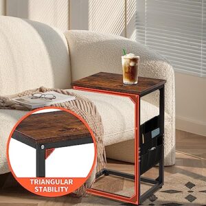 ECO-WILL C Shaped End Table for Sofa,Small Narrow Side Table with Storage Bag for Small Spaces,Couch Table with Metal Frame for Living Room, Bedroom, Bedside, Rustic Brown and Black. (1)