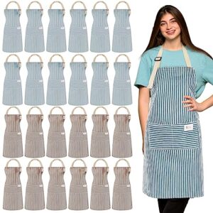 janmercy 24 pcs aprons for women men with 2 pockets linen cooking kitchen apron adjustable bib chef apron bulk aprons unisex (brown/blue stripes)