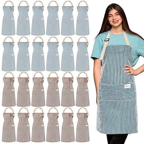 Janmercy 24 Pcs Aprons for Women Men with 2 Pockets Linen Cooking Kitchen Apron Adjustable Bib Chef Apron Bulk Aprons Unisex (Brown/Blue Stripes)