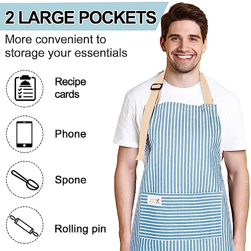 Janmercy 24 Pcs Aprons for Women Men with 2 Pockets Linen Cooking Kitchen Apron Adjustable Bib Chef Apron Bulk Aprons Unisex (Brown/Blue Stripes)