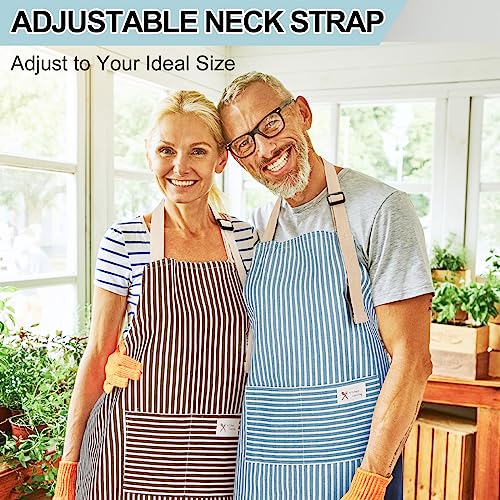 Janmercy 24 Pcs Aprons for Women Men with 2 Pockets Linen Cooking Kitchen Apron Adjustable Bib Chef Apron Bulk Aprons Unisex (Brown/Blue Stripes)