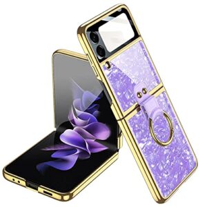 eaxer for samsung galaxy z flip 3 5g case, camera lens protection ring holder case luxury plating shockproof phone case cover (purple)