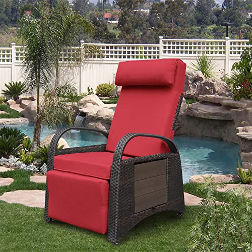 Outdoor Wicker Recliner Chair with Side Table, Adjustable Reclining Lounge Chair and Removable Soft Cushion, All-Weather Resin Wicker Reclining Patio Chair (Red)