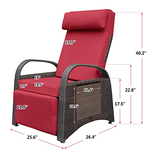 Outdoor Wicker Recliner Chair with Side Table, Adjustable Reclining Lounge Chair and Removable Soft Cushion, All-Weather Resin Wicker Reclining Patio Chair (Red)