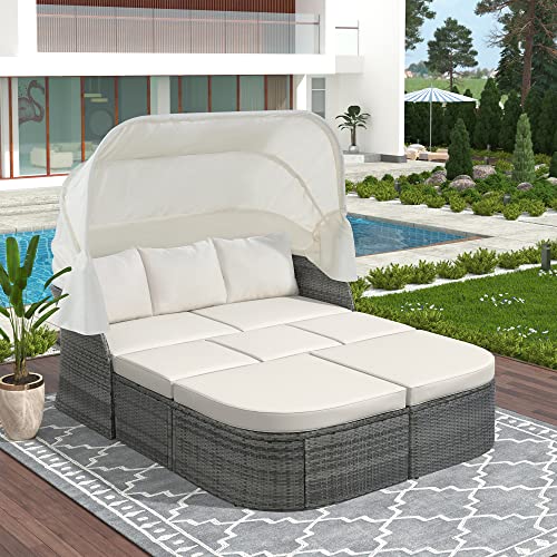 GODAFA Sunbed 6-Piece Outdoor Patio Furniture Set, All-Weather PE Rattan Conversation Sectional Sofa, Dining Table, Chair, and Bench with Cushions for Backyard Porch Poolside, Beige