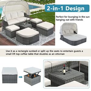 GODAFA Sunbed 6-Piece Outdoor Patio Furniture Set, All-Weather PE Rattan Conversation Sectional Sofa, Dining Table, Chair, and Bench with Cushions for Backyard Porch Poolside, Beige