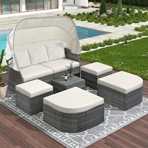 GODAFA Sunbed 6-Piece Outdoor Patio Furniture Set, All-Weather PE Rattan Conversation Sectional Sofa, Dining Table, Chair, and Bench with Cushions for Backyard Porch Poolside, Beige