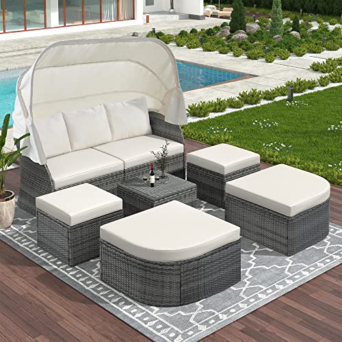 GODAFA Sunbed 6-Piece Outdoor Patio Furniture Set, All-Weather PE Rattan Conversation Sectional Sofa, Dining Table, Chair, and Bench with Cushions for Backyard Porch Poolside, Beige